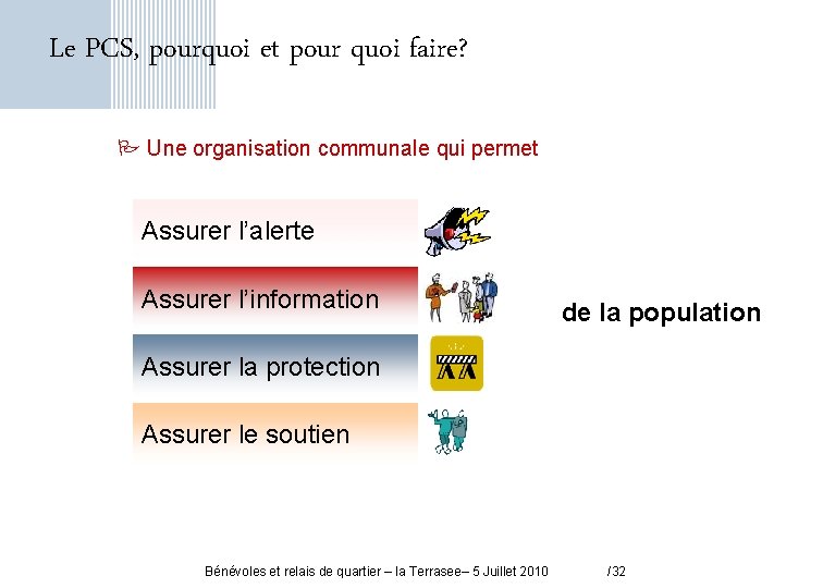 Le PCS, pourquoi et pour quoi faire? P Une organisation communale qui permet Assurer