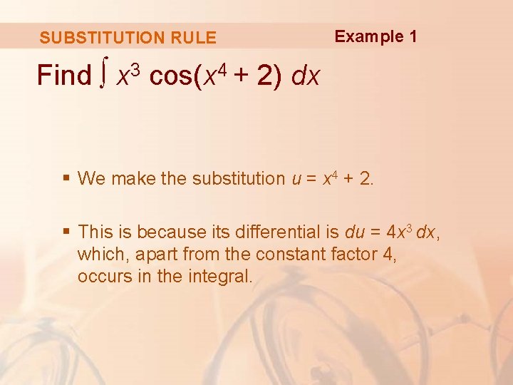 SUBSTITUTION RULE Example 1 Find ∫ x 3 cos(x 4 + 2) dx § SUBSTITUTION RULE Example 1 Find ∫ x 3 cos(x 4 + 2) dx §