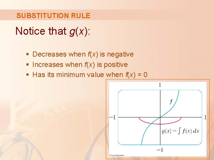 SUBSTITUTION RULE Notice that g(x): § Decreases when f(x) is negative § Increases when SUBSTITUTION RULE Notice that g(x): § Decreases when f(x) is negative § Increases when
