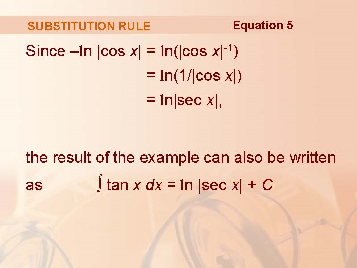 SUBSTITUTION RULE Equation 5 Since –ln |cos x| = ln(|cos x|-1) = ln(1/|cos x|) SUBSTITUTION RULE Equation 5 Since –ln |cos x| = ln(|cos x|-1) = ln(1/|cos x|)