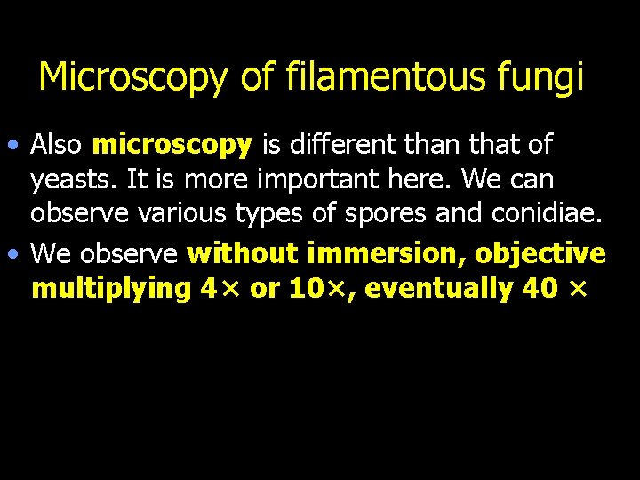 Microscopy of filamentous fungi • Also microscopy is different than that of yeasts. It