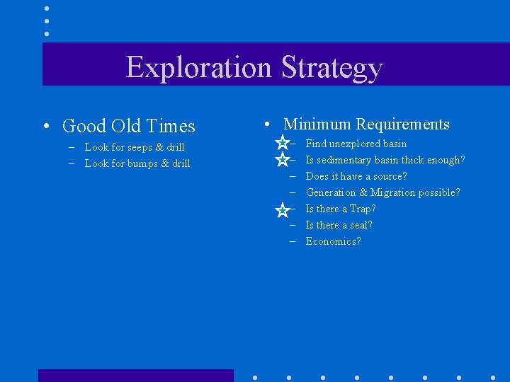 Exploration Strategy • Good Old Times – Look for seeps & drill – Look