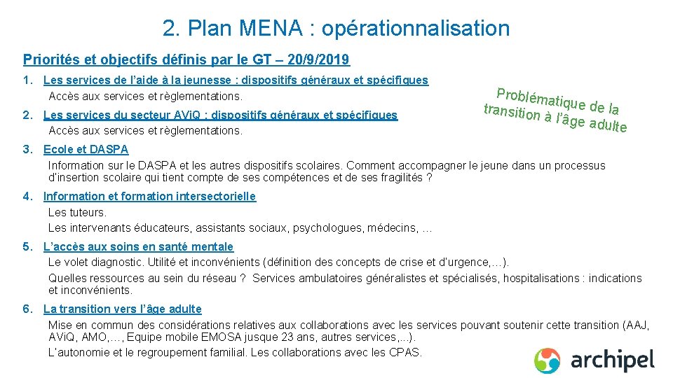 2. Plan MENA : opérationnalisation Priorités et objectifs définis par le GT – 20/9/2019
