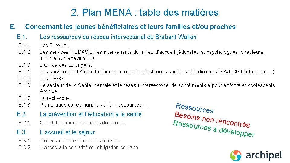 2. Plan MENA : table des matières E. Concernant les jeunes bénéficiaires et leurs