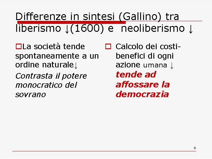 Differenze in sintesi (Gallino) tra liberismo ↓(1600) e neoliberismo ↓ o. La società tende