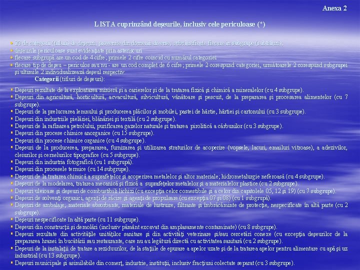 Anexa 2 LISTA cuprinzând deşeurile, inclusiv cele periculoase (*) 20 de categorii (titluri) de