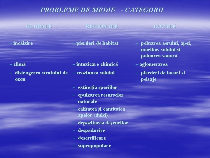 PROBLEME DE MEDIU - CATEGORII GLOBALE REGIONALE LOCALE – încălzire – pierderi de habitat