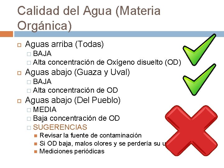 Calidad del Agua (Materia Orgánica) Aguas arriba (Todas) � BAJA � Alta concentración de