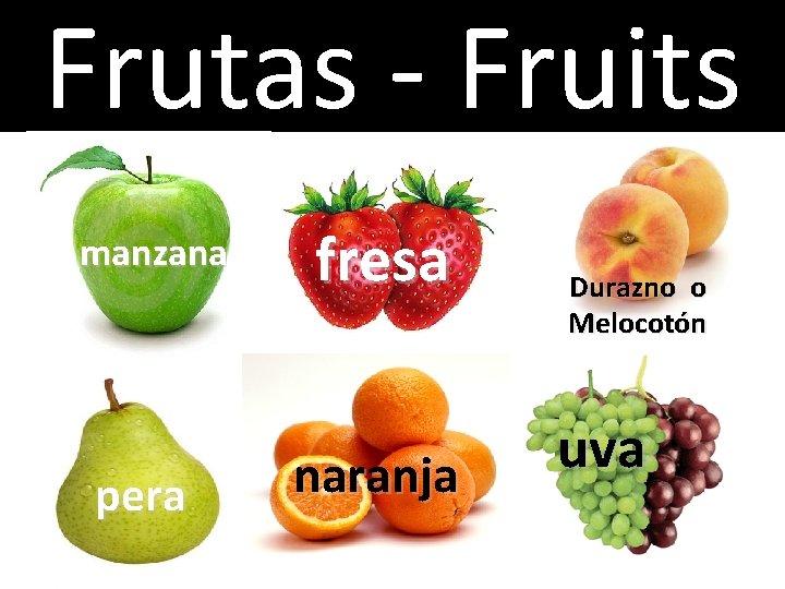 Frutas - Fruits manzana pera fresa naranja Durazno o Melocotón uva 