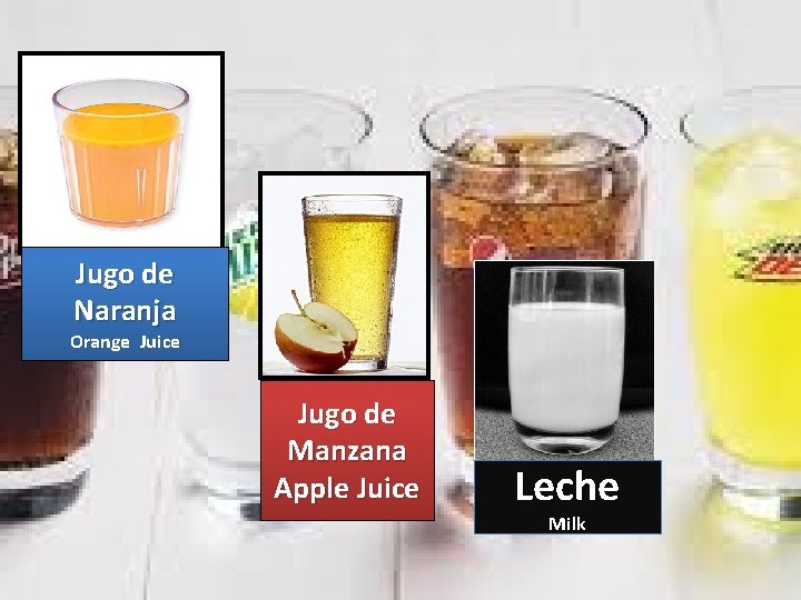 Jugo de Naranja Orange Juice Jugo de Manzana Apple Juice Leche Milk 