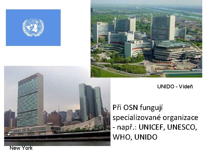 UNIDO - Vídeň Při OSN fungují specializované organizace - např. : UNICEF, UNESCO, WHO,