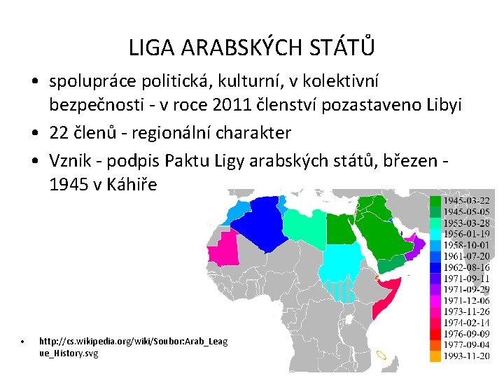 LIGA ARABSKÝCH STÁTŮ • spolupráce politická, kulturní, v kolektivní bezpečnosti - v roce 2011