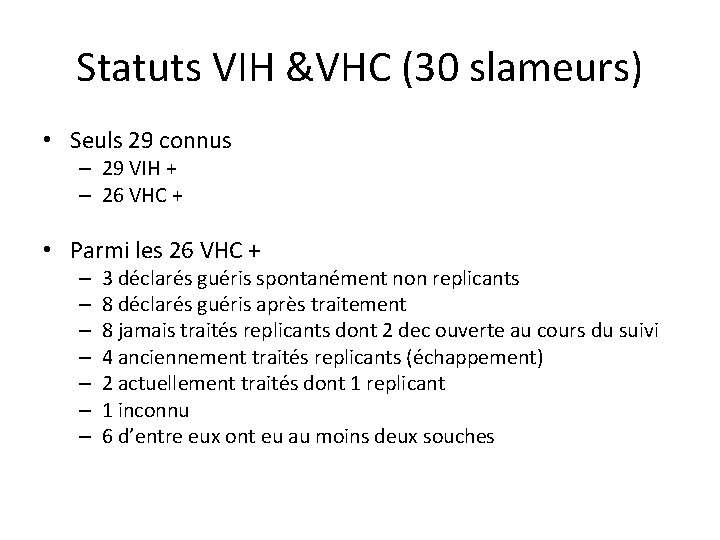 Statuts VIH &VHC (30 slameurs) • Seuls 29 connus – 29 VIH + –