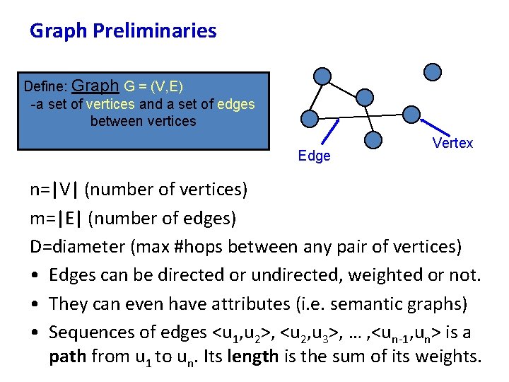 Graph Preliminaries Define: Graph G = (V, E) -a set of vertices and a