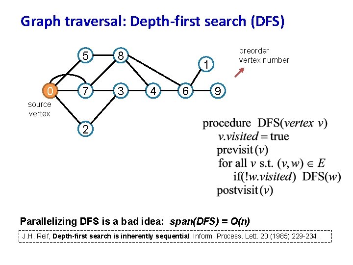 Graph traversal: Depth-first search (DFS) 9 5 8 8 0 source vertex 7 7