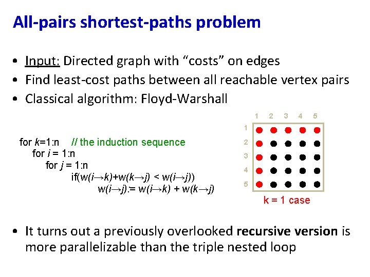 All-pairs shortest-paths problem • Input: Directed graph with “costs” on edges • Find least-cost