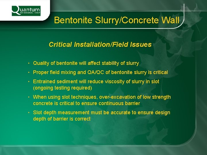 Bentonite Slurry/Concrete Wall Critical Installation/Field Issues • Quality of bentonite will affect stability of