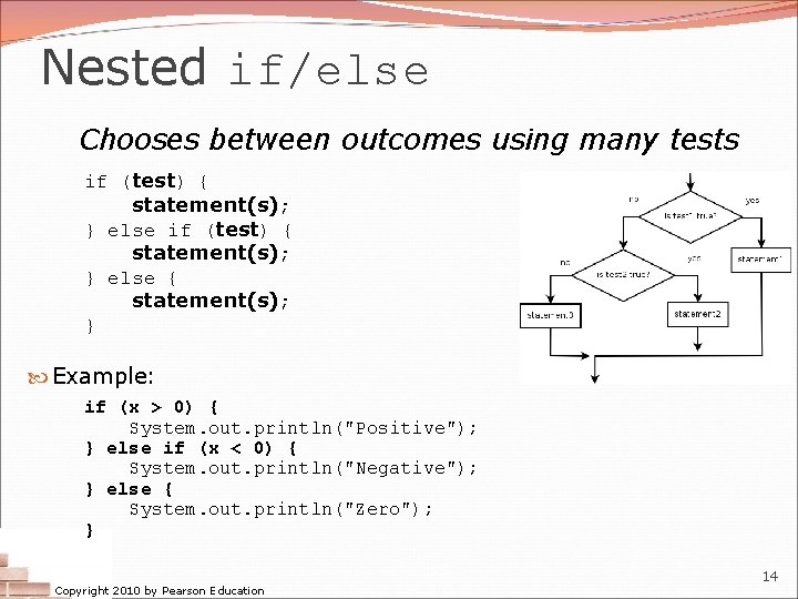 Nested if/else Chooses between outcomes using many tests if (test) { statement(s); } else