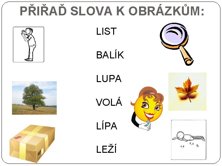 PŘIŘAĎ SLOVA K OBRÁZKŮM: LIST BALÍK LUPA VOLÁ LÍPA LEŽÍ 