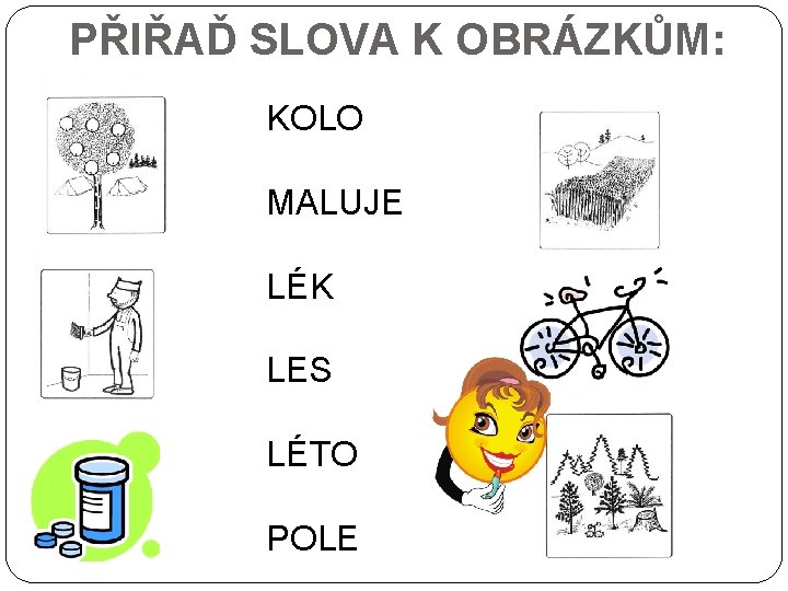 PŘIŘAĎ SLOVA K OBRÁZKŮM: KOLO MALUJE LÉK LES LÉTO POLE 