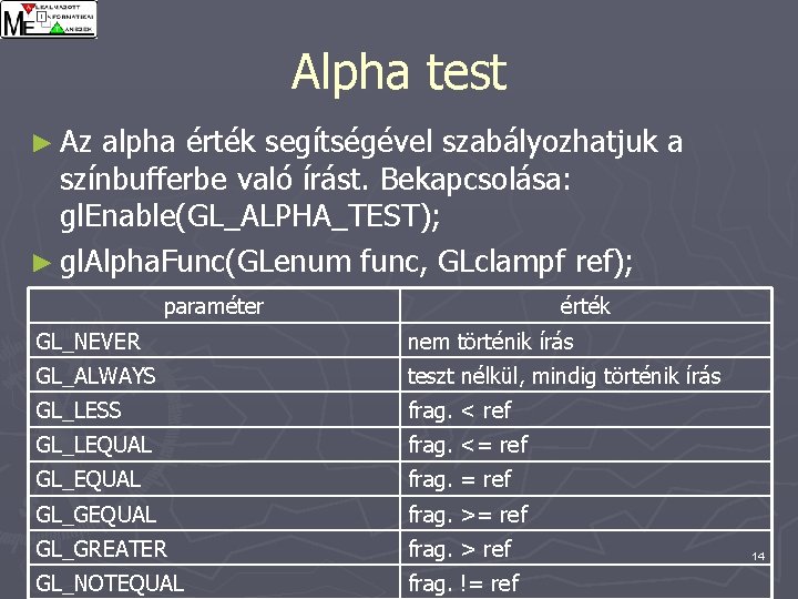Alpha test ► Az alpha érték segítségével szabályozhatjuk a színbufferbe való írást. Bekapcsolása: gl.