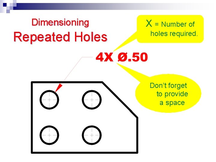 Dimensioning Repeated Holes X = Number of holes required. Don’t forget to provide a