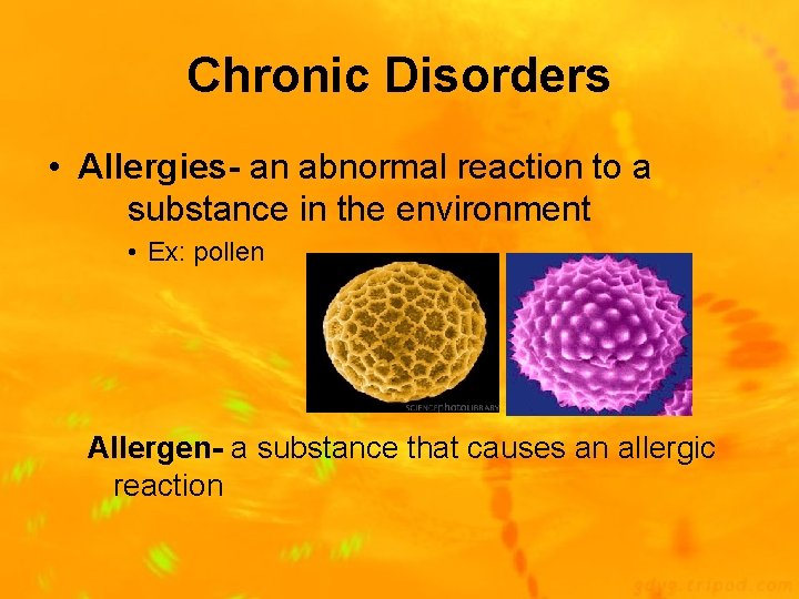 Chronic Disorders • Allergies- an abnormal reaction to a substance in the environment •