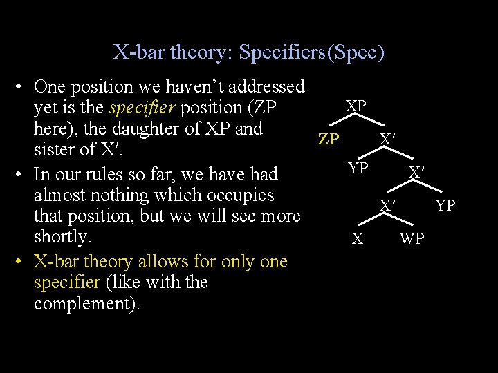 X-bar theory: Specifiers(Spec) • One position we haven’t addressed XP yet is the specifier
