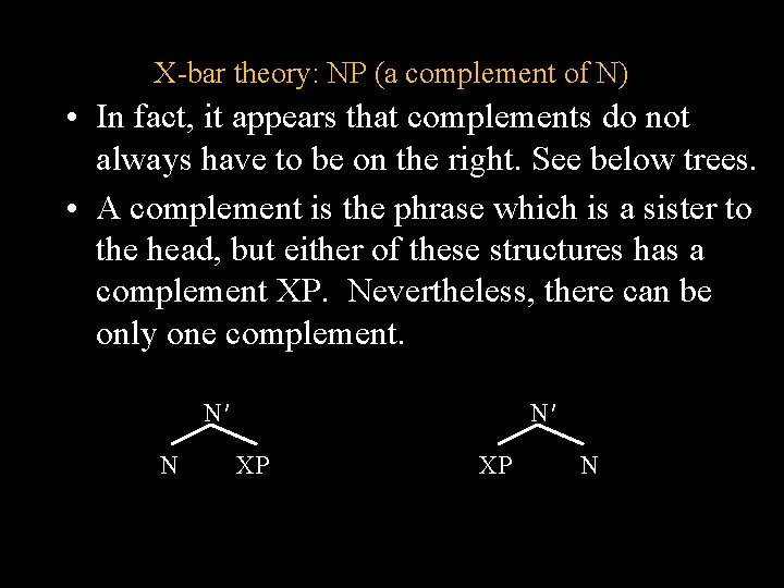 X-bar theory: NP (a complement of N) • In fact, it appears that complements