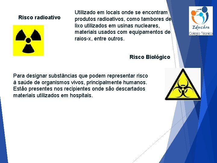 Risco radioativo Utilizado em locais onde se encontram produtos radioativos, como tambores de lixo