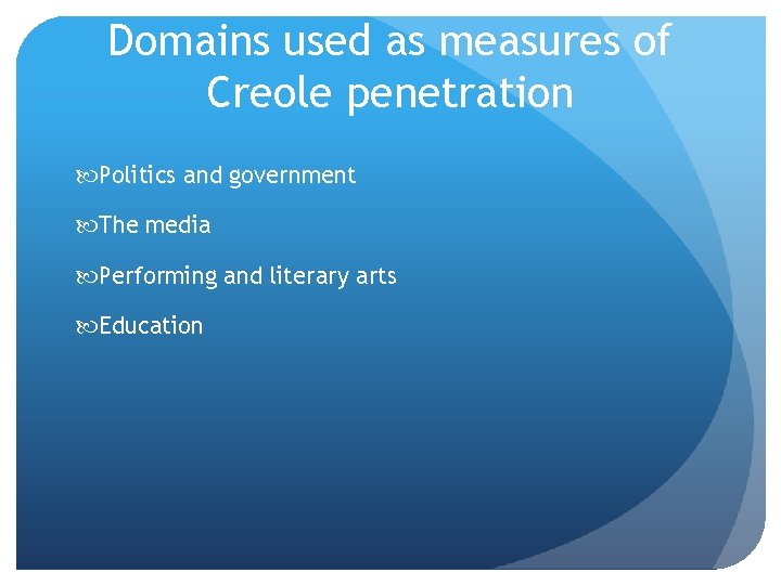 Domains used as measures of Creole penetration Politics and government The media Performing and