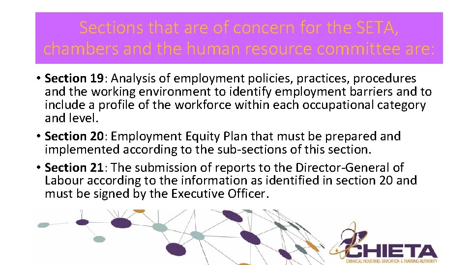 Sections that are of concern for the SETA, chambers and the human resource committee