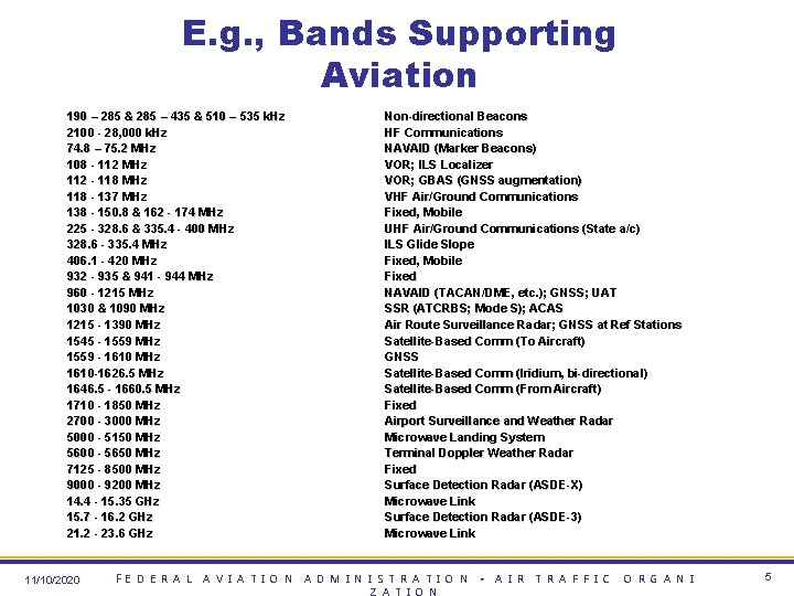 E. g. , Bands Supporting Aviation 190 – 285 & 285 – 435 &