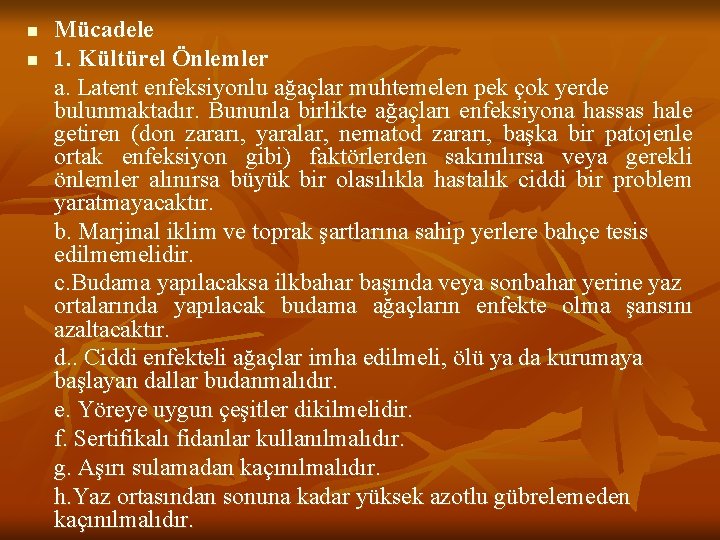 n n Mücadele 1. Kültürel Önlemler a. Latent enfeksiyonlu ağaçlar muhtemelen pek çok yerde