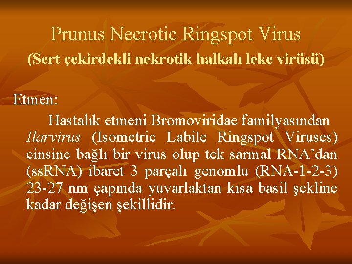 Prunus Necrotic Ringspot Virus (Sert çekirdekli nekrotik halkalı leke virüsü) Etmen: Hastalık etmeni Bromoviridae