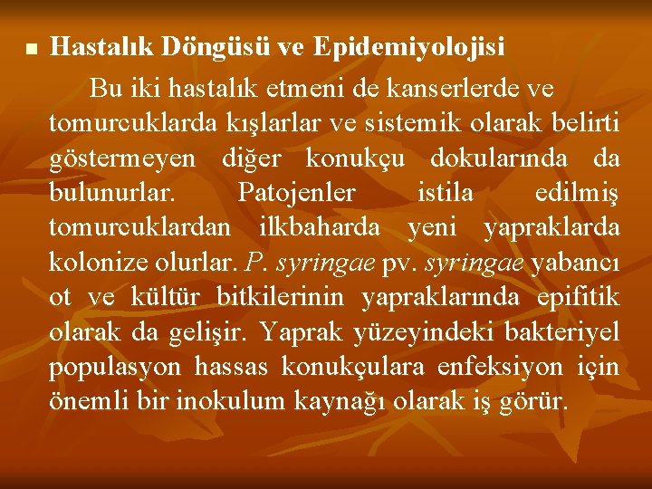 n Hastalık Döngüsü ve Epidemiyolojisi Bu iki hastalık etmeni de kanserlerde ve tomurcuklarda kışlarlar