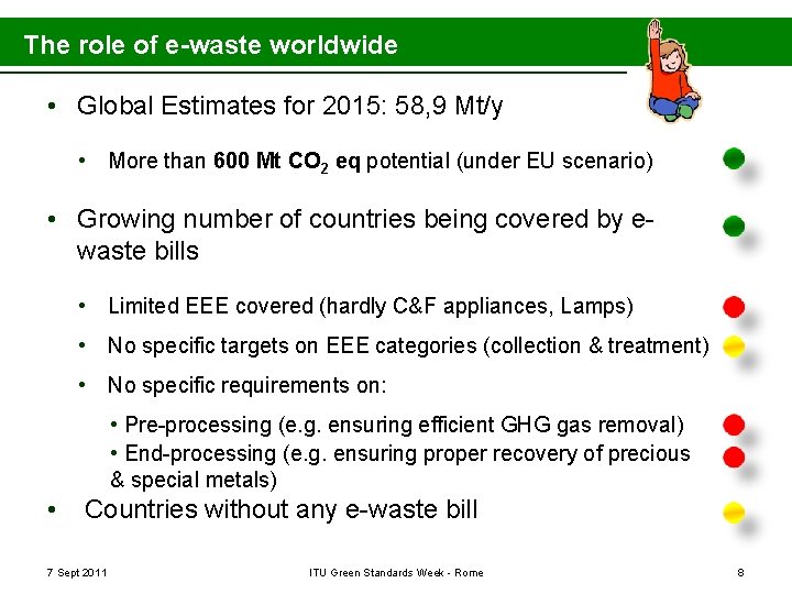 The role of e-waste worldwide • Global Estimates for 2015: 58, 9 Mt/y •