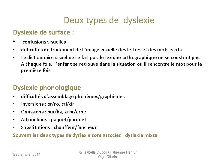 Deux types de dyslexie Dyslexie de surface : • confusions visuelles • • Deux types de dyslexie Dyslexie de surface : • confusions visuelles • •