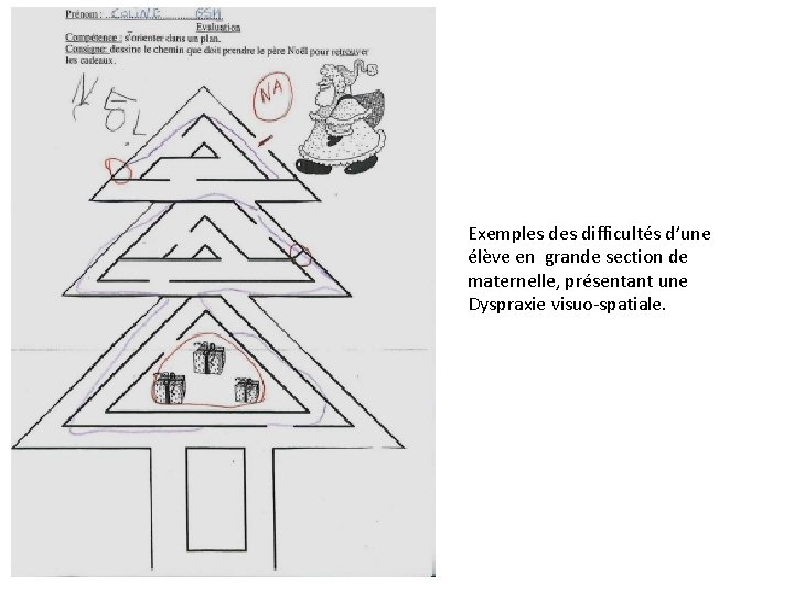 Exemples difficultés d’une élève en grande section de maternelle, présentant une Dyspraxie visuo-spatiale. 