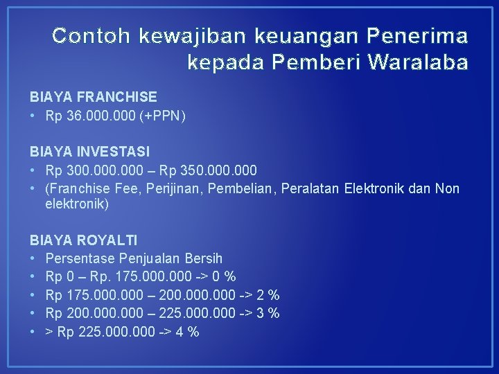 Contoh kewajiban keuangan Penerima kepada Pemberi Waralaba BIAYA FRANCHISE • Rp 36. 000 (+PPN)