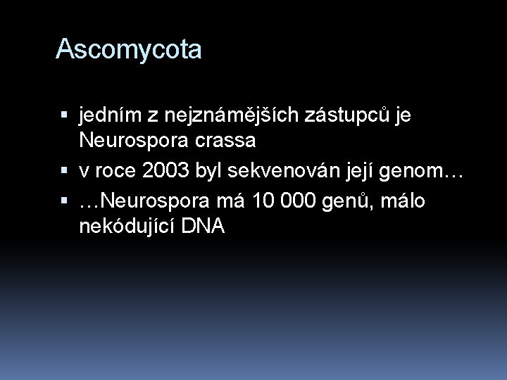 Ascomycota jedním z nejznámějších zástupců je Neurospora crassa v roce 2003 byl sekvenován její