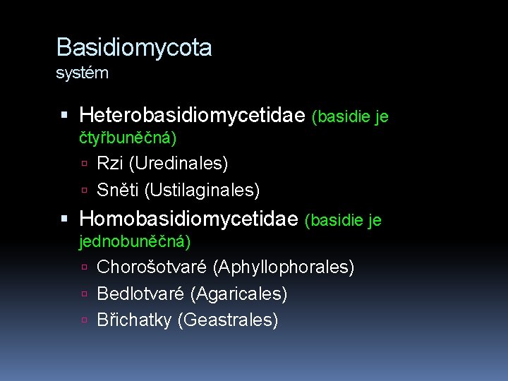 Basidiomycota systém Heterobasidiomycetidae (basidie je čtyřbuněčná) Rzi (Uredinales) Sněti (Ustilaginales) Homobasidiomycetidae (basidie je jednobuněčná)