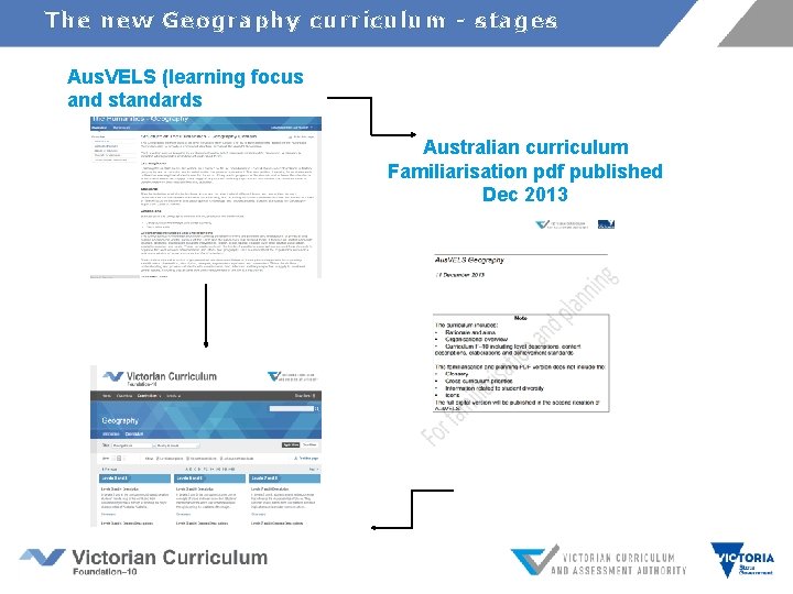 The new Geography curriculum - stages Aus. VELS (learning focus and standards Australian curriculum