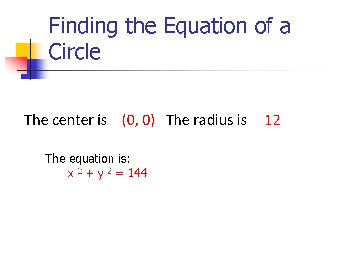 Finding the Equation of a Circle The center is (0, 0) The radius is