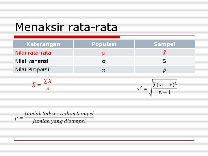 Menaksir rata-rata Keterangan Populasi Nilai rata-rata µ Nilai variansi σ Sampel S Nilai Proporsi