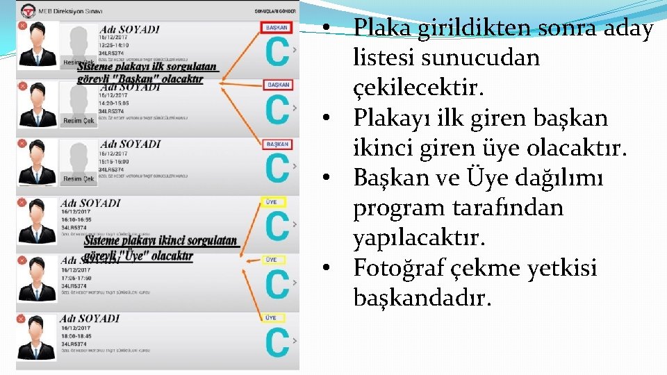  • Plaka girildikten sonra aday listesi sunucudan çekilecektir. • Plakayı ilk giren başkan