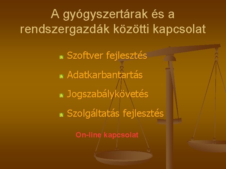 A gyógyszertárak és a rendszergazdák közötti kapcsolat Szoftver fejlesztés Adatkarbantartás Jogszabálykövetés Szolgáltatás fejlesztés On-line