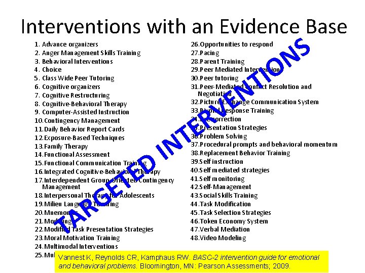 Interventions with an Evidence Base S N 1. Advance organizers 26. Opportunities to respond