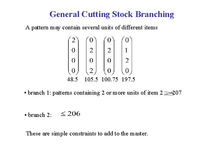 General Cutting Stock Branching A pattern may contain several units of different items 48.