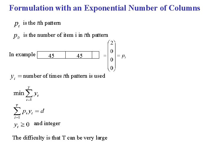 Formulation with an Exponential Number of Columns is the tth pattern is the number
